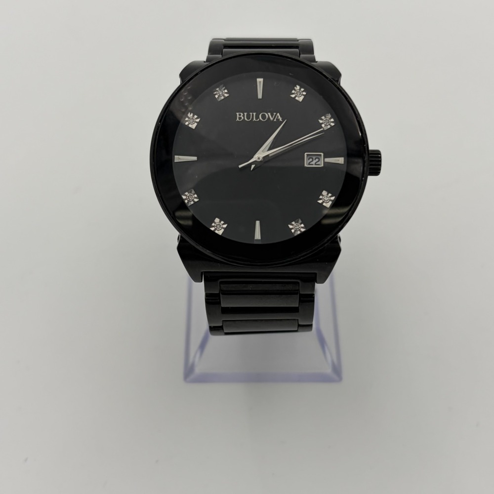 Bulova Mens Quartz Date Black Dial Diamond Markers Bracelet Watch